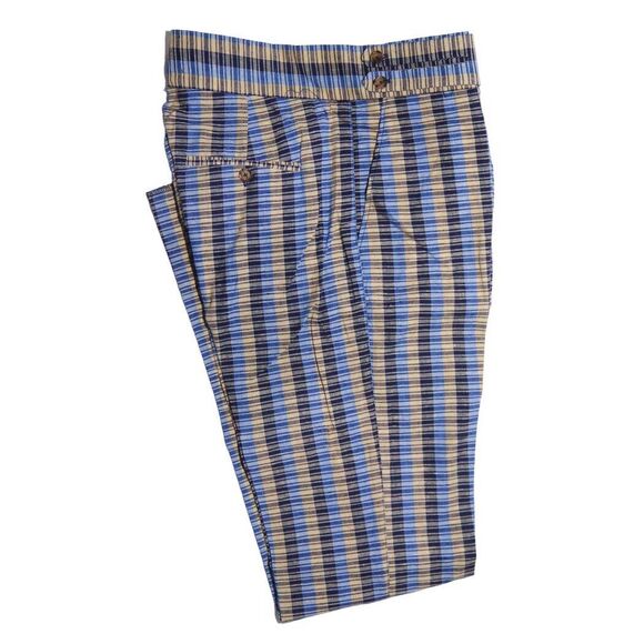 Mens Gurkha Pants Blue Beige Plaid Check Slim High Waist Flat Front Trousers 36